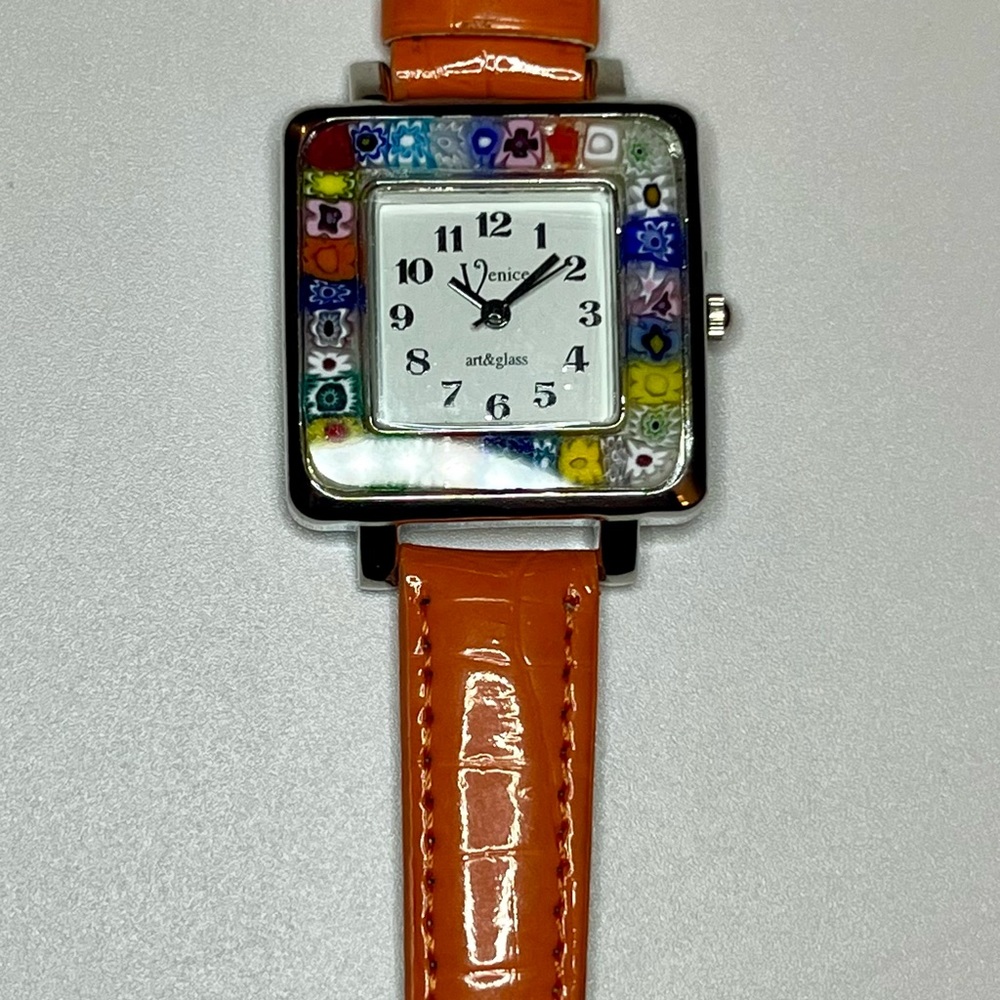 Venice Art & Glass Square Watch with Orange Strap